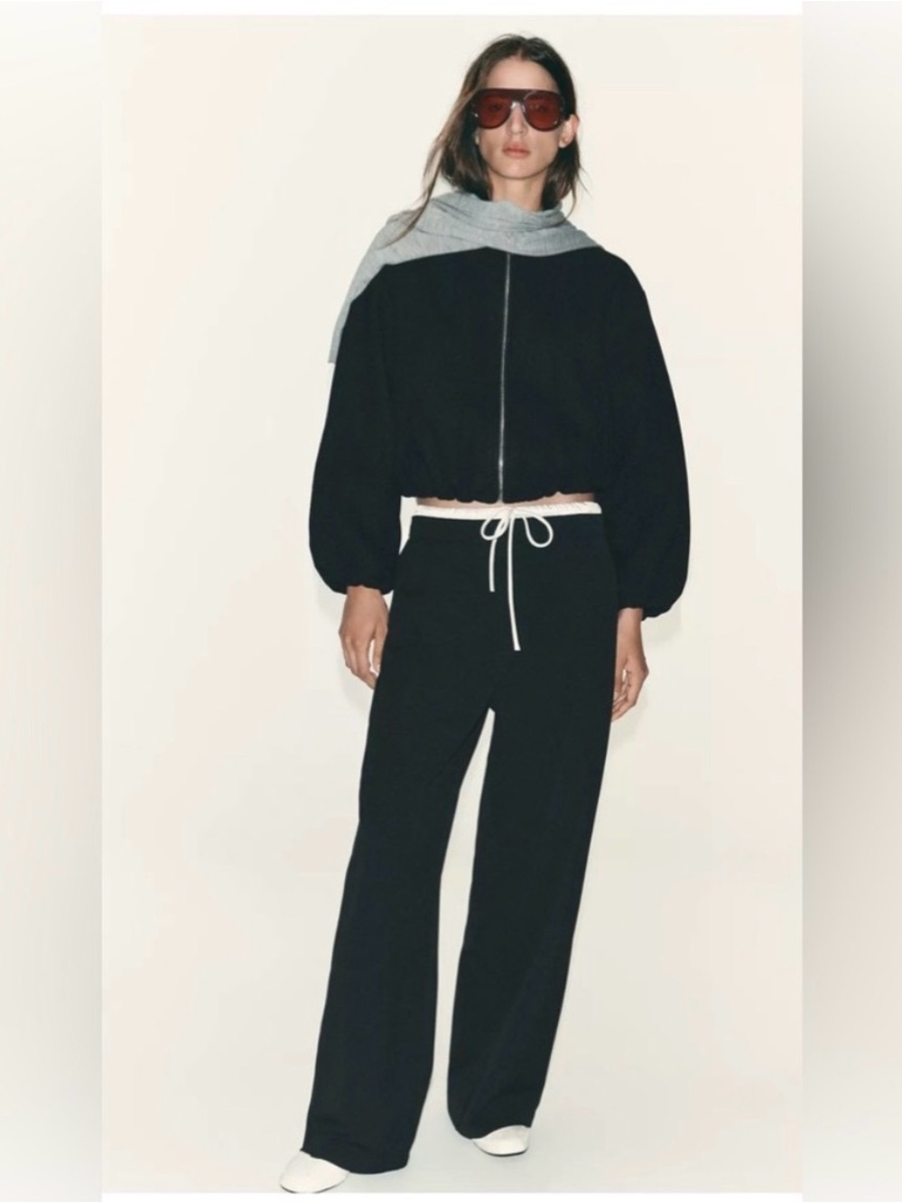 Zara Black Wide-Leg Drawstring Trousers